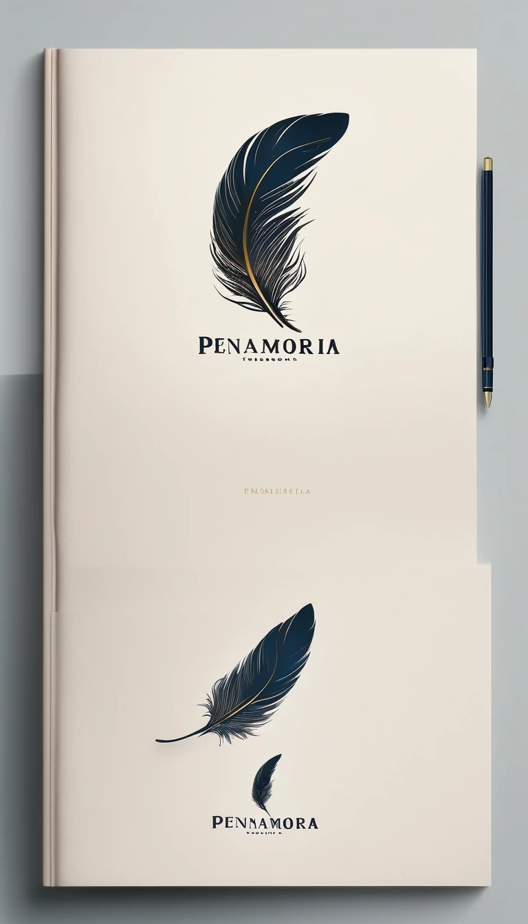 A minimal, modern, simple, cinematic logotype for the brand “Penamemoria". The logotype must be a simple, magical feather. The logo must convey a sense of music, stories and dreams. Logo design impressed on a book cover. Minimalistic logo