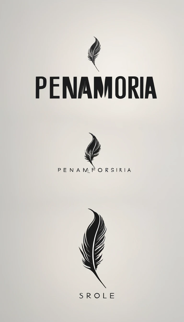 A minimal, modern, simple, cinematic logotype for the brand “Penamemoria". The logotype must be a simple, magical feather. The logo must convey a sense of music, stories and dreams. Logo design impressed on a book cover. Minimalistic logo