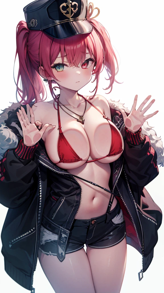 (Ultra-high resolution,masterpiece, Attention to detail, Highest quality), 8K,(eemarine, high ponytail, black headwear, sunGlasses, heterochromia, earrings, necklace, bare shoulders, red bikini, bikini under clothes, black jacket, long sleeves, partially unzipped, short shorts, white shorts),(Blessed,Captivating body、Ultra-detailed skin、Super beautiful eyes、Detailed Background),One girl、 (breasts_on_Glass,breast press, against Glass, hands on Glass:1.5),window fog, embarrassed, (white background:1.7), (from front:1.3),(perfect hands), huge breasts