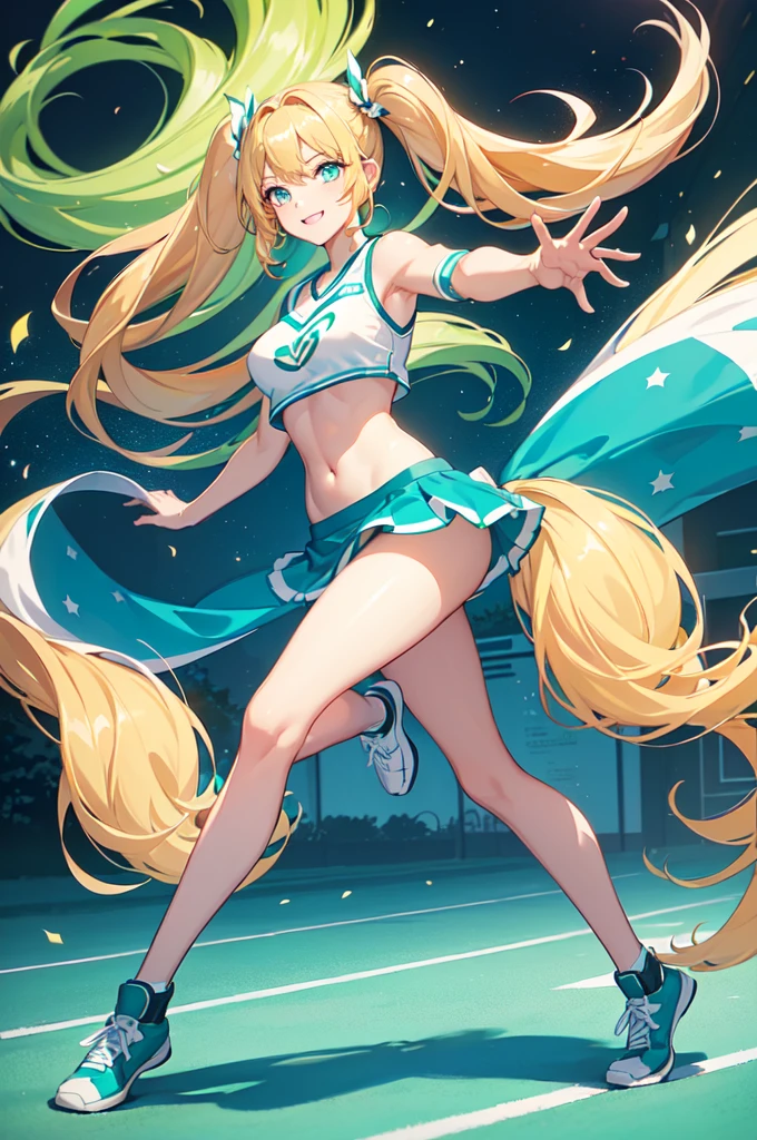 (masterpiece, top quality, best quality, official art, beautiful and aesthetic:1.2), (8k, best quality, masterpiece:1.2), (((masterpiece))), (((best quality))), (((extremely detailed))), illustration, who, (masterpiece, top quality, best quality, official art, beautiful and aesthetic:1.2), (8k, best quality, masterpiece:1.2), 1girl, cheerleader, Pom-poms, (((blonde hair))), twin tails, long hair, medium breasts, turquoise eyes, full body, wide hips, smile, skirt, green and white cheerleader uniform, football field,