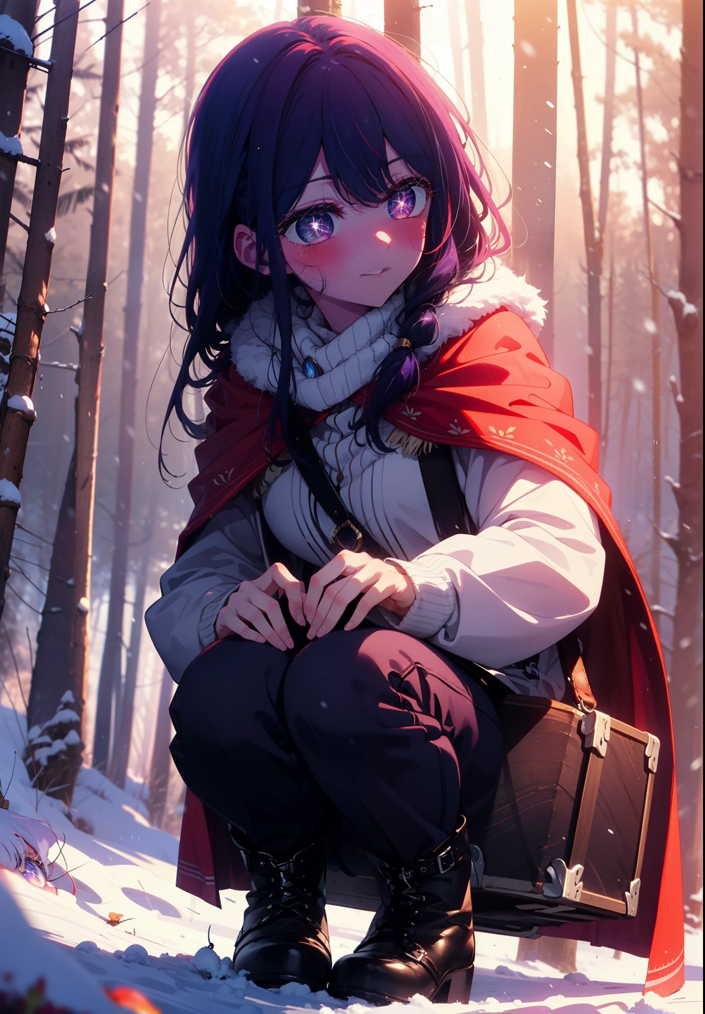 aihoshino, Ai Hoshino, Long Hair, bangs, (Purple eyes:1.1), Purple Hair, (Symbol-shaped pupil:1.5), smile,,smile,blush,White Breath,
Open your mouth,snow,Ground bonfire, Outdoor, boots, snowing, From the side, wood, suitcase, Cape, Blurred, , forest, White handbag, nature, Squat, Mouth closed, Cape, winter, Written boundary depth, Black shoes, red Cape break looking at viewer, Upper Body, whole body, break Outdoor, forest, nature, break (masterpiece:1.2), Highest quality, High resolution, unity 8k wallpaper, (shape:0.8), (Beautiful and beautiful eyes:1.6), Highly detailed face, Perfect lighting, Extremely detailed CG, (Perfect hands, Perfect Anatomy),