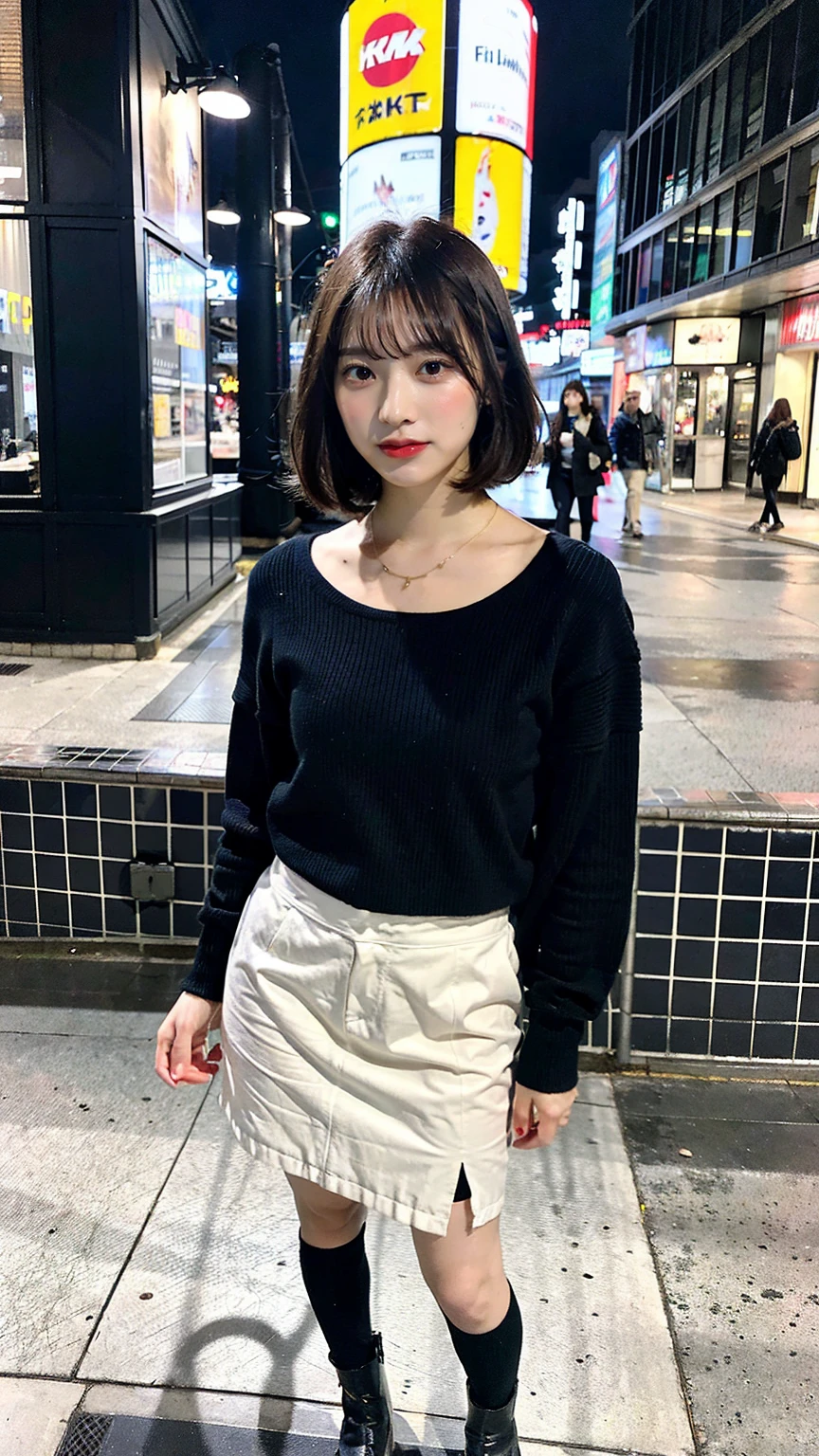 a beautiful japanese woman with very short bob haircut, full body shot, wearing fashionable clothes, necklace, simple background, (best quality,8K,32k,masterpiece:1.2),cinematic aesthetic:1.4,beautiful fashion model photo in bokeh city night,full body shot,Standing figure with feet projected、In stylish winter clothes