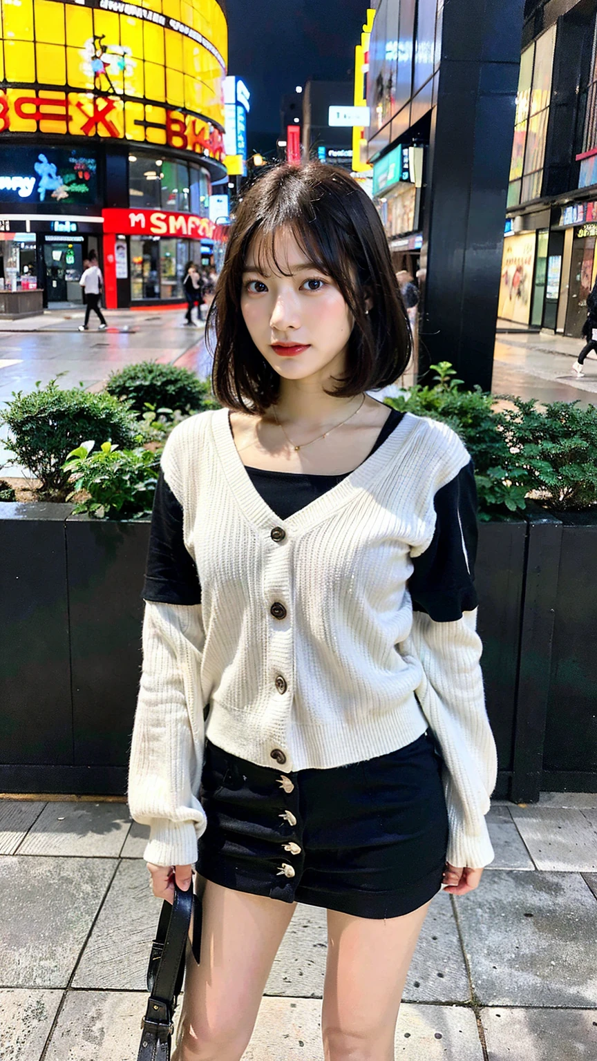 a beautiful japanese woman with very short bob haircut, full body shot, wearing fashionable clothes, necklace, simple background, (best quality,8K,32k,masterpiece:1.2),cinematic aesthetic:1.4,beautiful fashion model photo in bokeh city night,full body shot,Standing figure with feet projected、In stylish winter clothes