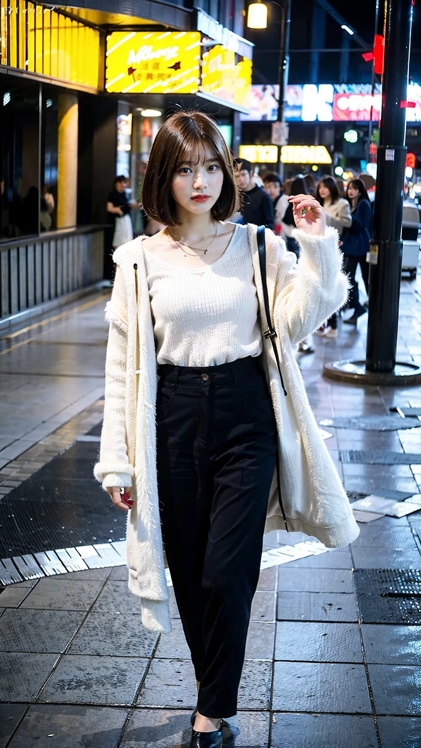 a beautiful japanese woman with very short bob haircut, full body shot, wearing fashionable clothes, necklace, simple background, (best quality,8K,32k,masterpiece:1.2),cinematic aesthetic:1.4,beautiful fashion model photo in bokeh city night,full body shot,Standing figure with feet projected、In stylish winter clothes