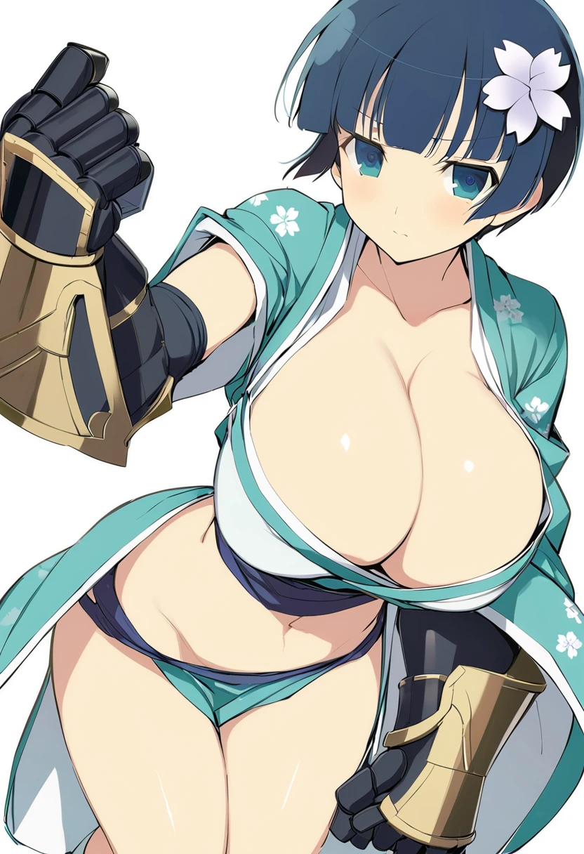 masterpiece, best quality, 
yozakura (senran kagura), 1girl, breasts, solo, short hair, blue hair, blue eyes, large breasts, hair ornament, hair flower, 
gauntlets, flower, japanese clothes, navel, midriff, bare legs, cleavage, emblem, 
white background, looking at viewer, 