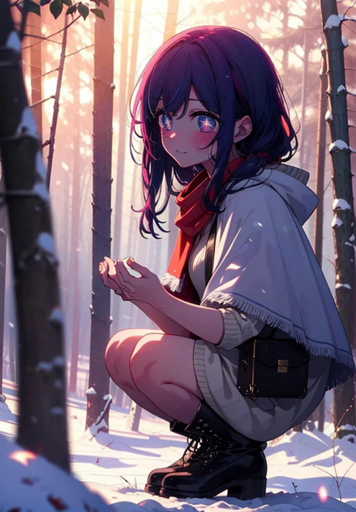 aihoshino, Ai Hoshino, Long Hair, bangs, (Purple eyes:1.1), Purple Hair, (Symbol-shaped pupil:1.5), smile,,smile,blush,White Breath,
Open your mouth,snow,Ground bonfire, Outdoor, boots, snowing, From the side, wood, suitcase, Cape, Blurred, , forest, White handbag, nature,  Squat, Mouth closed, Cape, winter, Written boundary depth, Black shoes, red Cape break looking at viewer, Upper Body, whole body, break Outdoor, forest, nature, break (masterpiece:1.2), Highest quality, High resolution, unity 8k wallpaper, (shape:0.8), (Beautiful and beautiful eyes:1.6), Highly detailed face, Perfect lighting, Extremely detailed CG, (Perfect hands, Perfect Anatomy),