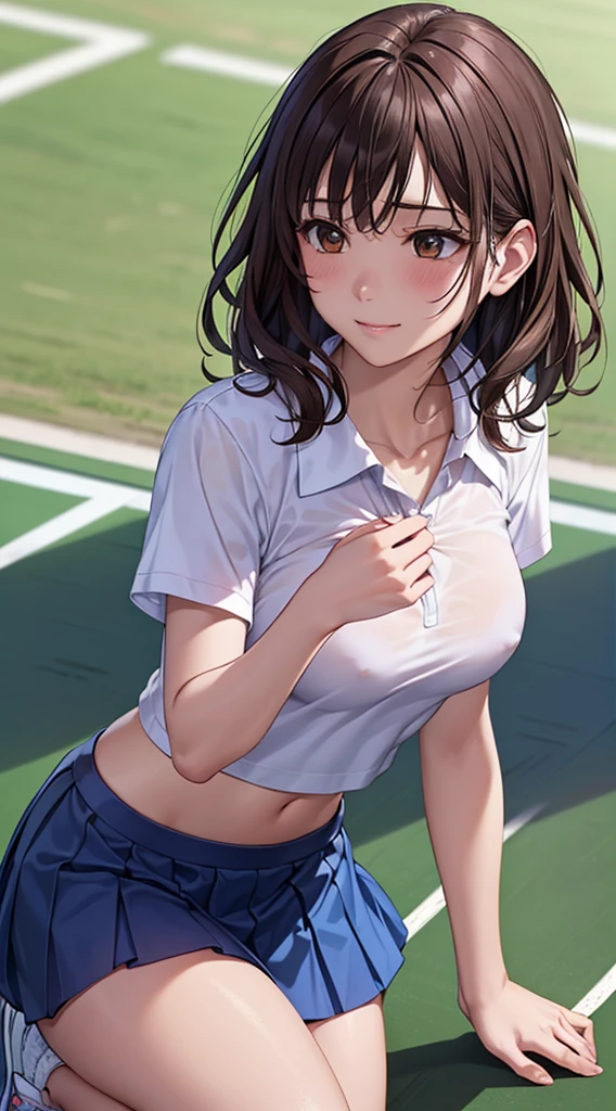 ((Tabletop, Highest quality, High resolution, Hmph, Pixel perfect, 4K, Hmph, Hmph))), 1 Girl, single, alone, Beautiful woman、Angle looking down from the front、Chest and face close-up、((Short Wavy Hair, bangs, Brown Hair)), ((Brown eyes, Beautiful eyelashes, Realistic eyes)), ((Detailed face, blush:1.2)), ((Smooth texture:0.75, Realistic texture:0.65, Realistic:1.1, Anime CG Style)), Medium chest, Dynamic Angle, Perfect body, ((White tennis wear、White short sleeve shirt with collar、Blue ruffled skirt、White tennis shoes、The wind blows up my skirt))、Tennis court、Very embarrassing panic smile、Pink Panties、Not wearing a bra、Nipples are visible、Pink nipples、Protruding nipples、I'm sweating a lot