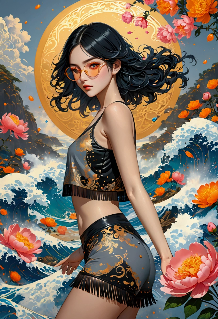 Ink Art, Paint splatter style, Liquid glow made of colors, (Grey cropped top, Black lingerie, Short clothes), (Black long hair), (20 years), (1 girl), with fringes，Fashion glasses，Gradient background, Pastel color palette, pink blue, silver, Red, orange, light, Gray Gold, Peony, Filigree, Colored water droplets, wave, Extremely detailed and complex, Unreal Engine, fantastic, Intricate details, Startup Screen, Complementary colors, fantasy, Concept Art, 8k resolution, masterpiece, painting, Heavy Attack, fantasy art, Concept Art, Intricate PoSe, 
