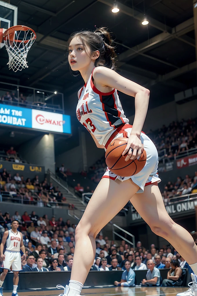 (((best quality))), (((ultra detailed))), (((masterpiece))), illustration, ((1girl,female basketball player,solo)),(slam dunk:1.3),(dunking in the air:1.3), intensity, determined expression, flushed face, perspiration, almond-shaped eyes, mesh jersey, team name and number, form-fitting shorts, athletic build, high-top basketball shoes, indoor basketball gym, well-lit, wooden floor, scoreboard, spectators, stands, action, impact, ball through the hoop, victory, achievement, dedication, skill,(basketball:1.3)