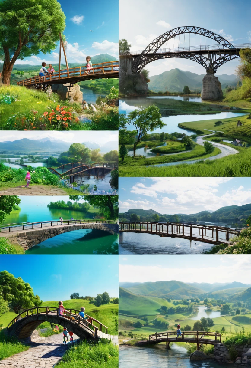 A selection of landscapes with bridges, 8k images、Children playing