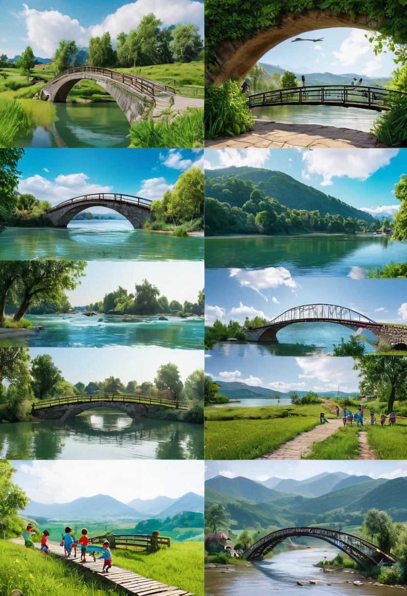 A selection of landscapes with bridges, 8k images、Children playing