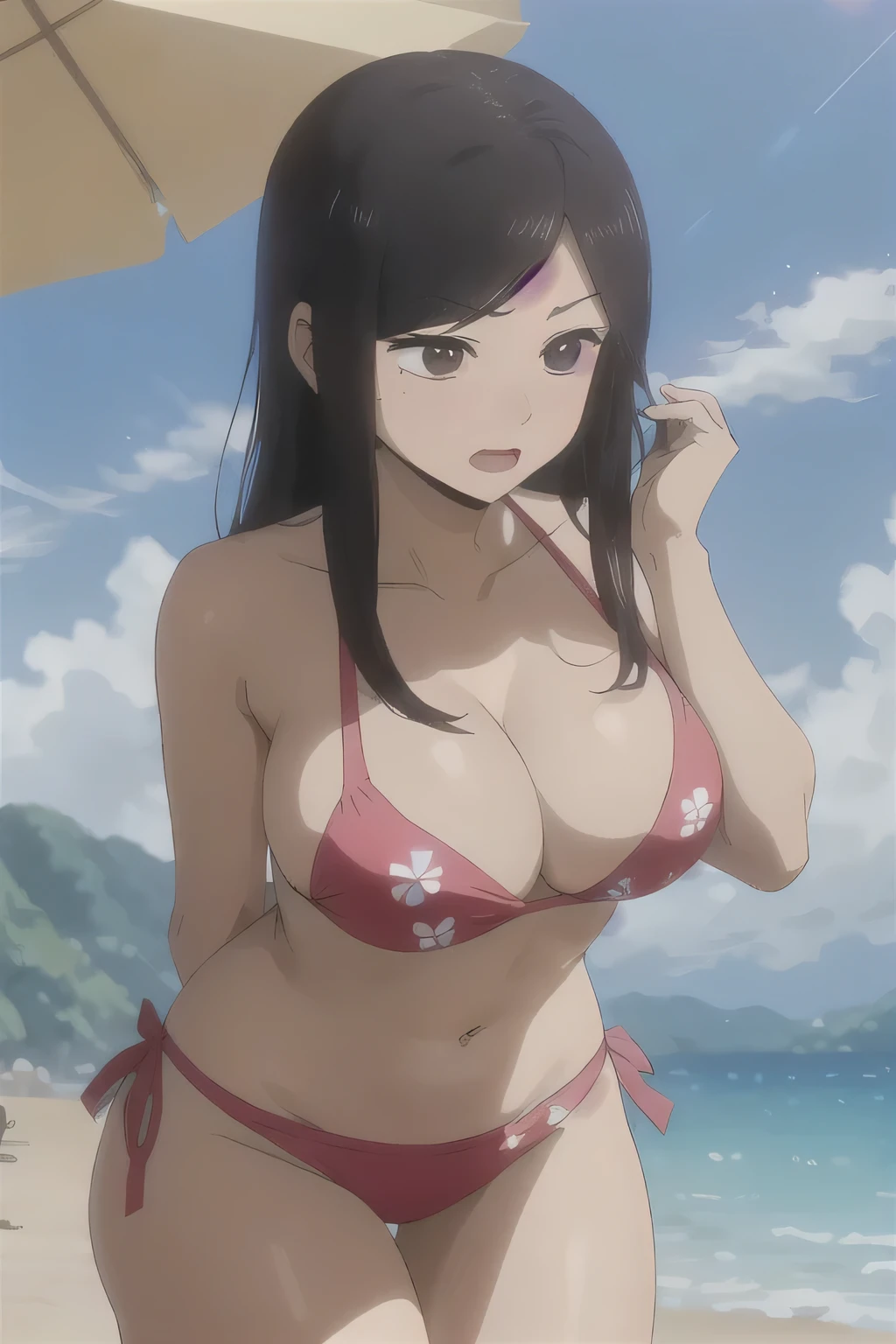 best quality, (masterpiece:1.2), detailed, perfect face, beautiful face, Touko, 1girl, mole under eye, mole, solo, black hair, beach, open mouth, sidelocks, white shirt, breasts, large breasts, long hair, medium hair, bikini, hot, dynamic pose, embarrassed expression, shy expression, closed mouth, hiding her breast, touching her breast, shy, closed mouth, hot, big thighs, big breast, dynamic pose, she is stripping, she is showing her breast, she is grabbing her breast, she is touching her breast