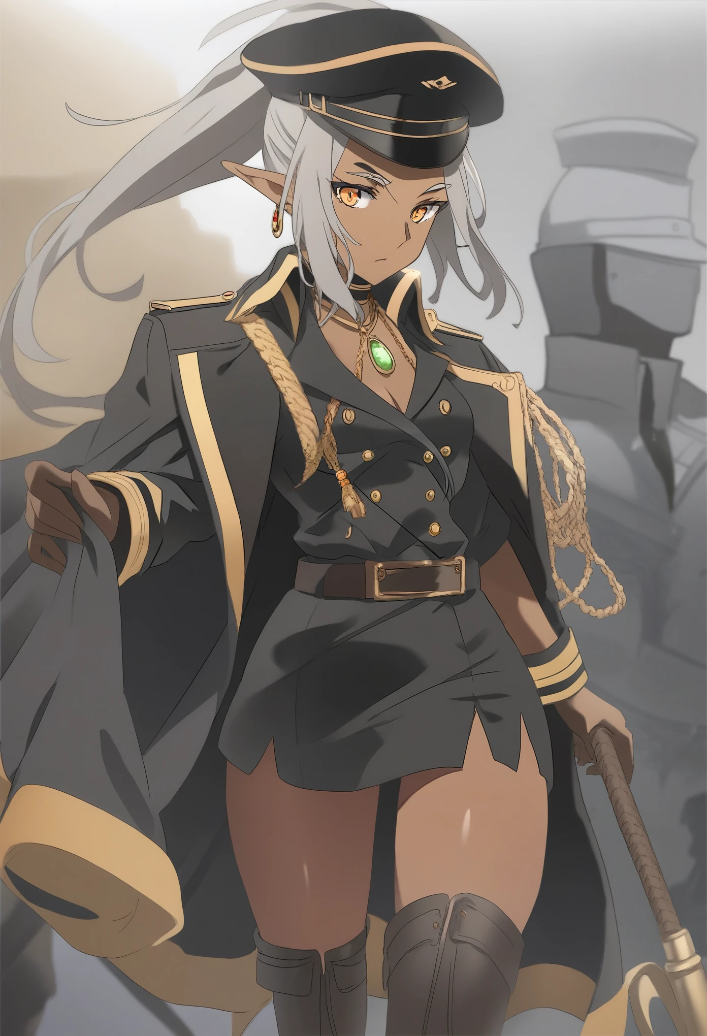 orange eyes,,((brown skin,dark elf,))grey hair,1lady,high ponytail, gold and black coat,jewelry,gold and black uniform,military hat,thigh boots,
