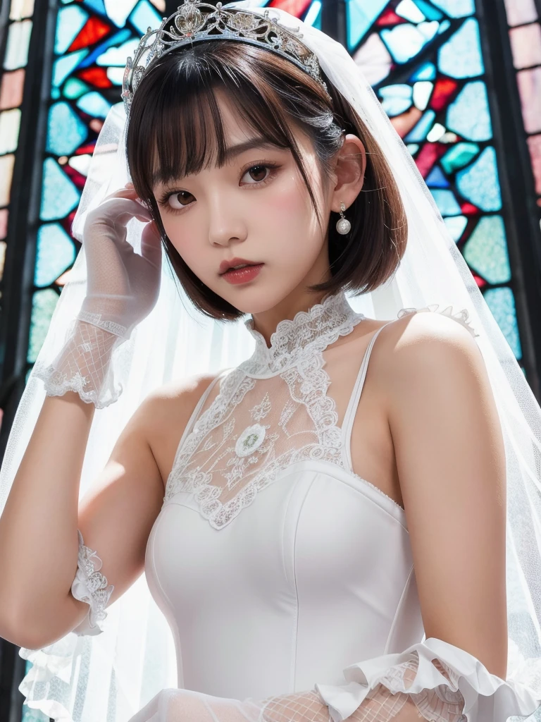 (8K, Photorealistic, Raw photo, Highest quality: 1.4),Japanese idol-style beautiful girl,model,1 person,18-year-old,(Short Bob),(Black Hair),tiara,She has her hair tucked behind her ears,Clear grey eyes,Long eyelashes,(piercings(small)),(Lip gloss),lips(Plump,glossy),thin long neck,Thin and delicate shoulders,(Lace gloves(White)),(Wedding dress(Frills,Plumpしたロングスカート)),(layer),(Fishnet tights(White)),(High heels(White)),(Background of a Gothic-style stone church with stained glass windows),Full body portrait