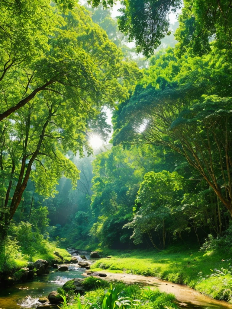 A beautiful forest is a place where nature displays all its grandeur and beauty.. Tall, majestic trees extend their branches toward the sky, forming a green canopy that filters sunlight, creating a play of shadows and shine on the leaf-covered ground. Wildflowers of various colors dot the ground, exuding soft fragrances that mingle with the fresh, pure air. Crystal clear streams meander through the trees, its soothing sounds providing a relaxing soundtrack. Birds of different species fly between the branches, singing melodies that echo through the forest, while small animals and insects move silently, completing the harmony of this vibrant and life-filled ecosystem.