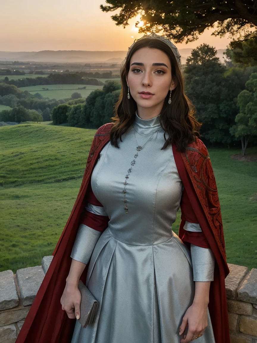 Gorgeous and sultry busty athletic (thin) brunette queen with sharp facial features wearing a modest updo, dark red medieval dress, long sleeves, intricate patterns, scrollwork, wide neck, crown, veil, long dress, modest dress, tight bodice, (silver waist chain), medieval jewelry, Middle Ages, castle, rampart, wall, exterior, on top of a castle wall, trees, countryside, evening, sunset.