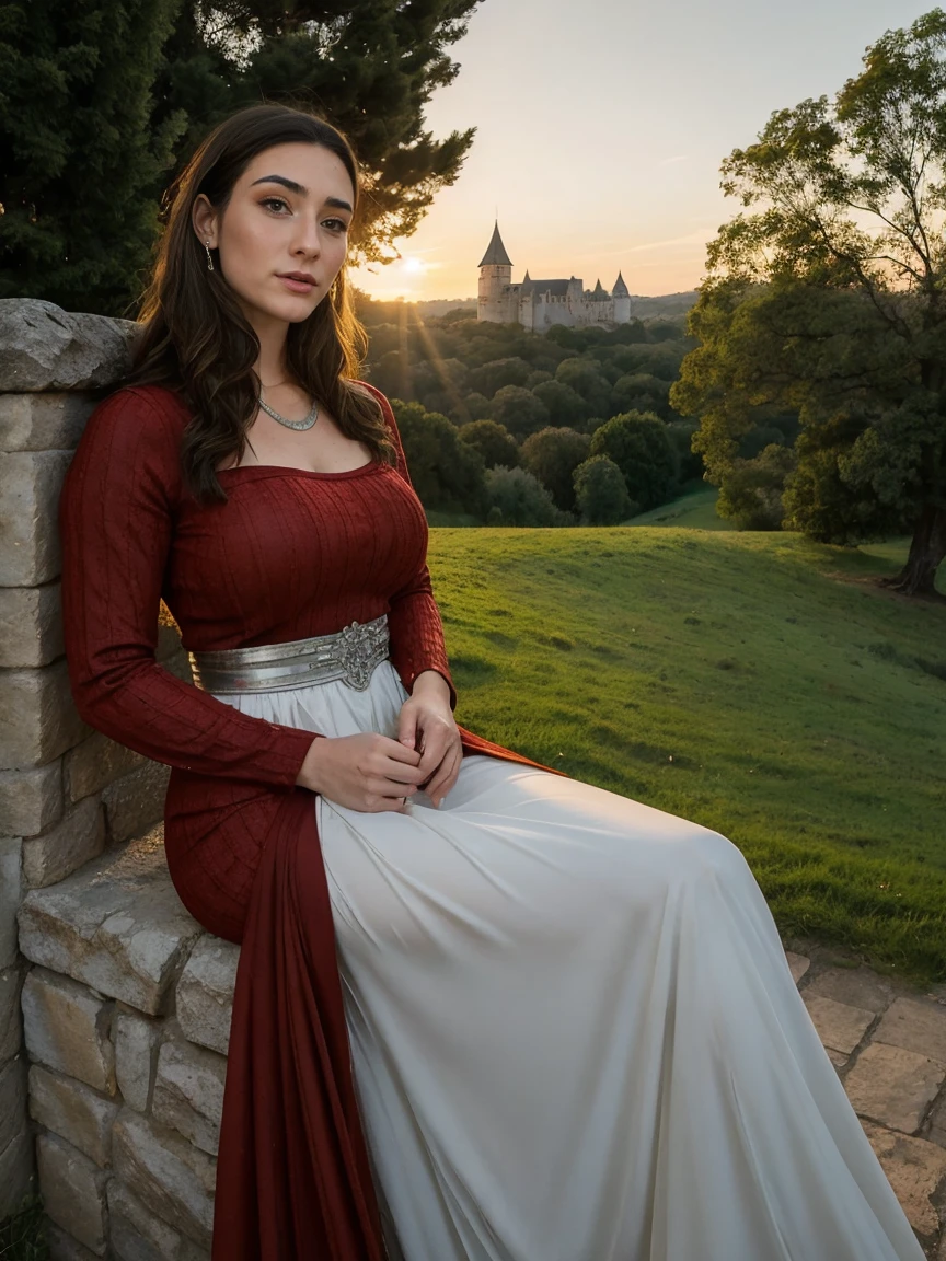 Gorgeous and sultry busty athletic (thin) brunette queen with sharp facial features wearing a modest updo, dark red medieval dress, long sleeves, intricate patterns, scrollwork, wide neck, crown, veil, long dress, modest dress, tight bodice, (silver waist chain), medieval jewelry, Middle Ages, castle, rampart, wall, exterior, on top of a castle wall, trees, countryside, evening, sunset.
