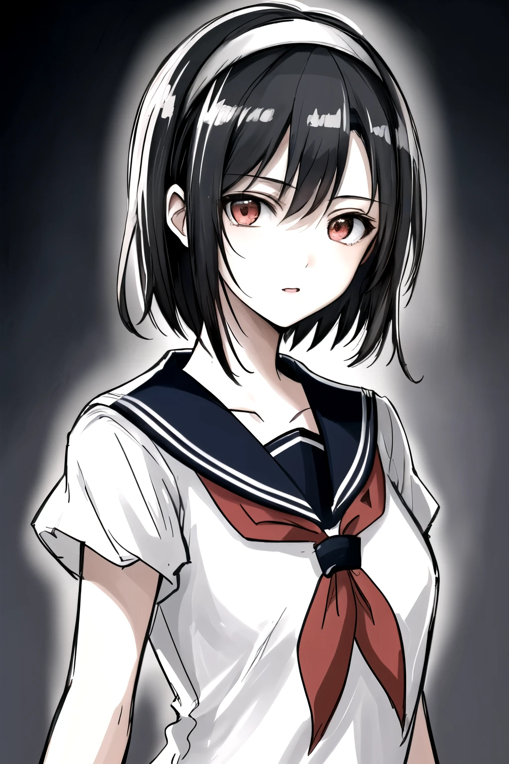 ((Masterpiece)),((High quality)),((High resolution)),((Extremely accurate and detailed representation of the human body)), An 18-year-old girl. Japanese. Wears a short-sleeved sailor uniform. Short hair. Hairband. Has a mysterious and enigmatic aura with elements of horror.