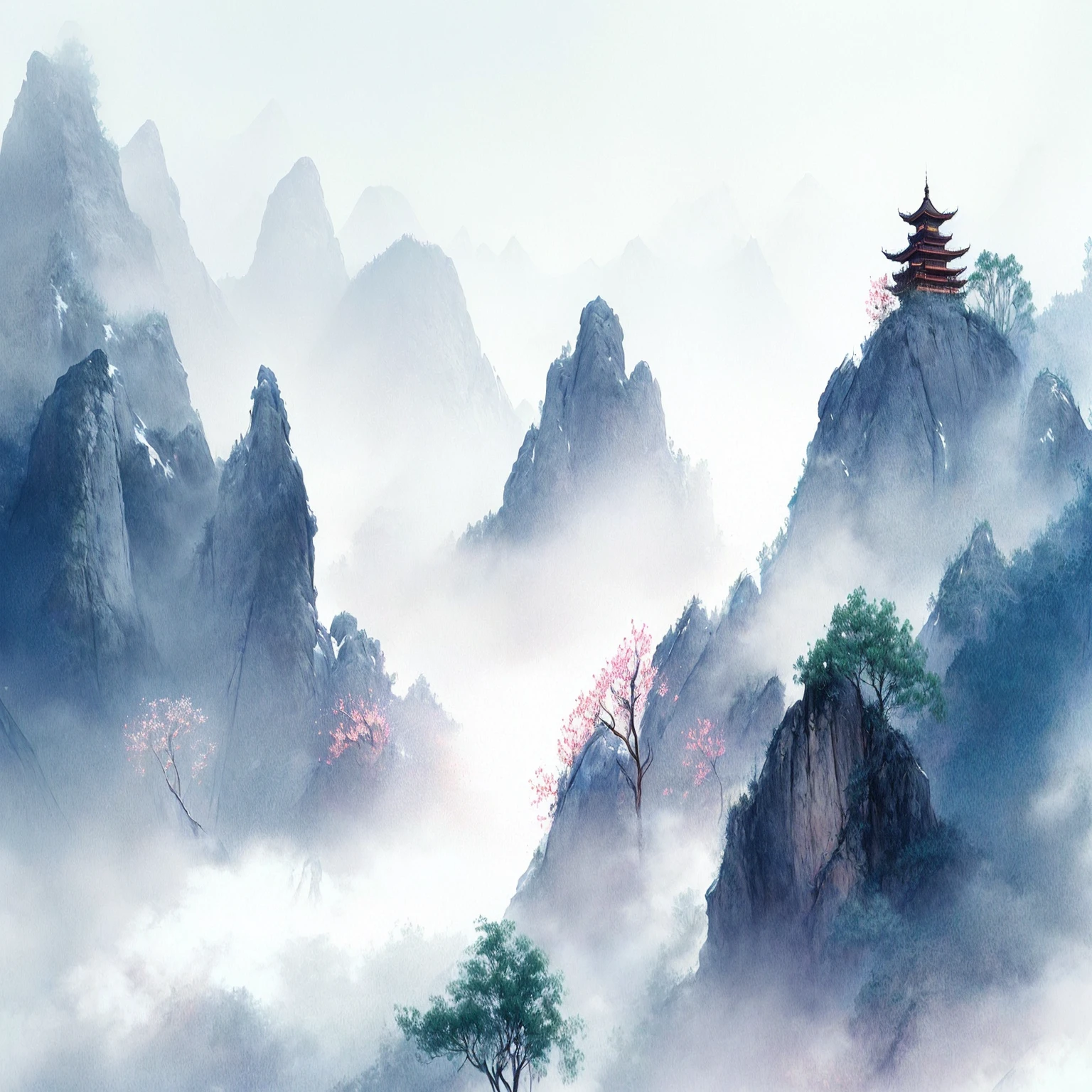 there is a picture of a mountain with a pagoda on top, chinese watercolor style, detailed scenery —width 672, scenery artwork, mist, chinese landscape, background artwork, (mist), misty mountains, chinese painting style, mists, chinese style painting, anime landscape, beautiful art uhd 4 k, background art, by Qu Leilei, by Fan Qi