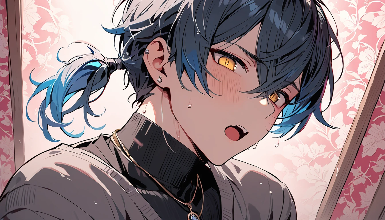 ((((best masterpiece, best quality, wallpaper,)))) solo, guy, male body, small muscles, flat chest, 1male, 30 years old, handsome man, dramatic angle, upper body, looking at viewers, beautiful detailed, mediumturquoise hair, ((((Lower short ponytail)))), asymmetrical bangs, ((short hair,)) blush stickers, sweat, (((perfect face, extremely detailed eyes,))) ((( jitome, gold eyes, ^o^, tareme, droopy eyes,))) perfect hands, sharp nose, clear face, black turtleneck, grey cardigan, ((silver piercing, pendant,)) leggings, pink background color ultrasharp, 8K, masterpiece,