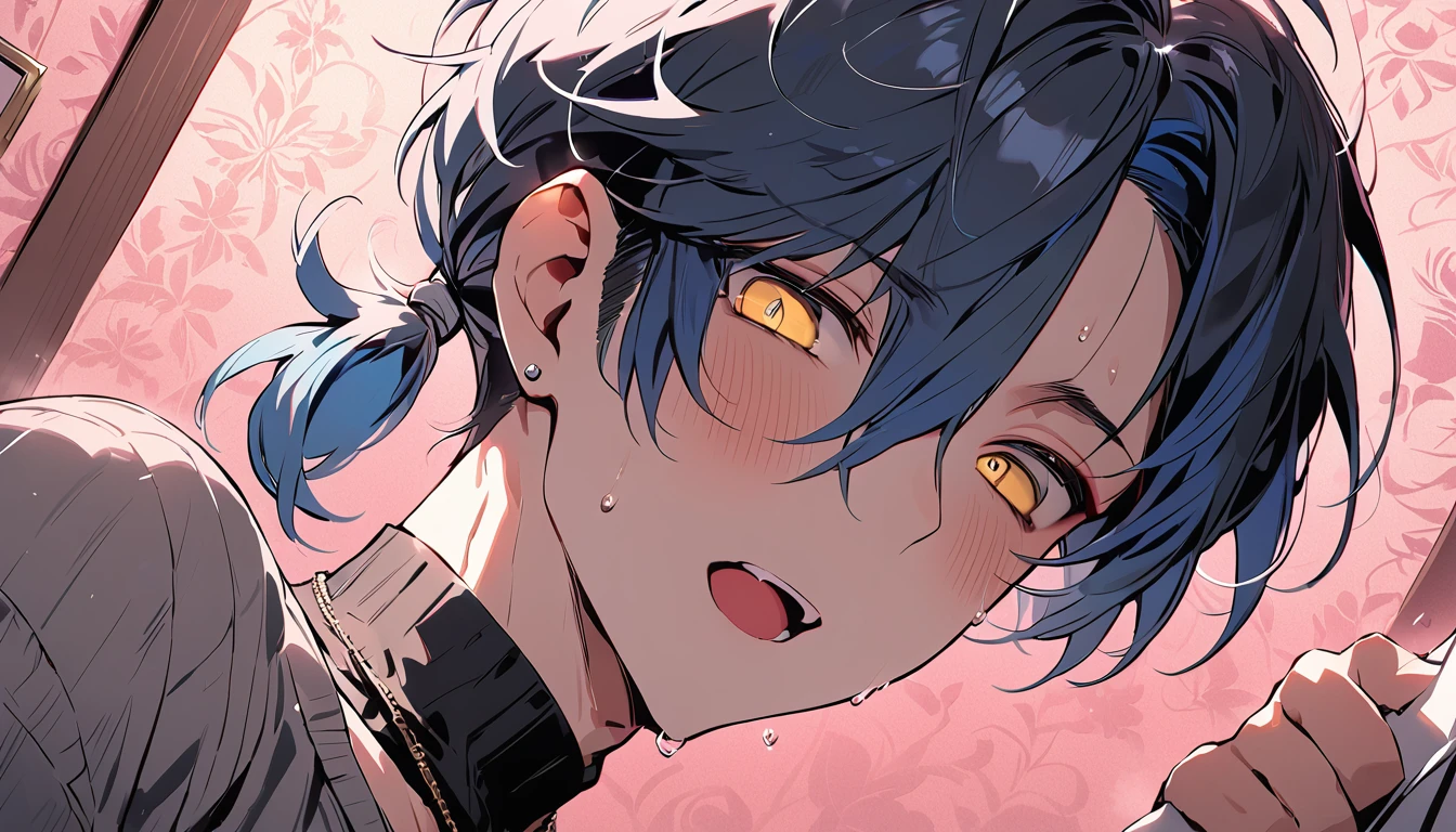 ((((best masterpiece, best quality, wallpaper,)))) solo, guy, male body, small muscles, flat chest, 1male, 30 years old, handsome man, dramatic angle, upper body, looking at viewers, beautiful detailed, mediumturquoise hair, ((((Lower short ponytail)))), asymmetrical bangs, ((short hair,)) blush stickers, sweat, (((perfect face, extremely detailed eyes,))) ((( jitome, gold eyes, ^o^, tareme, droopy eyes,))) perfect hands, sharp nose, clear face, black turtleneck, grey cardigan, ((silver piercing, pendant,)) leggings, pink background color ultrasharp, 8K, masterpiece,