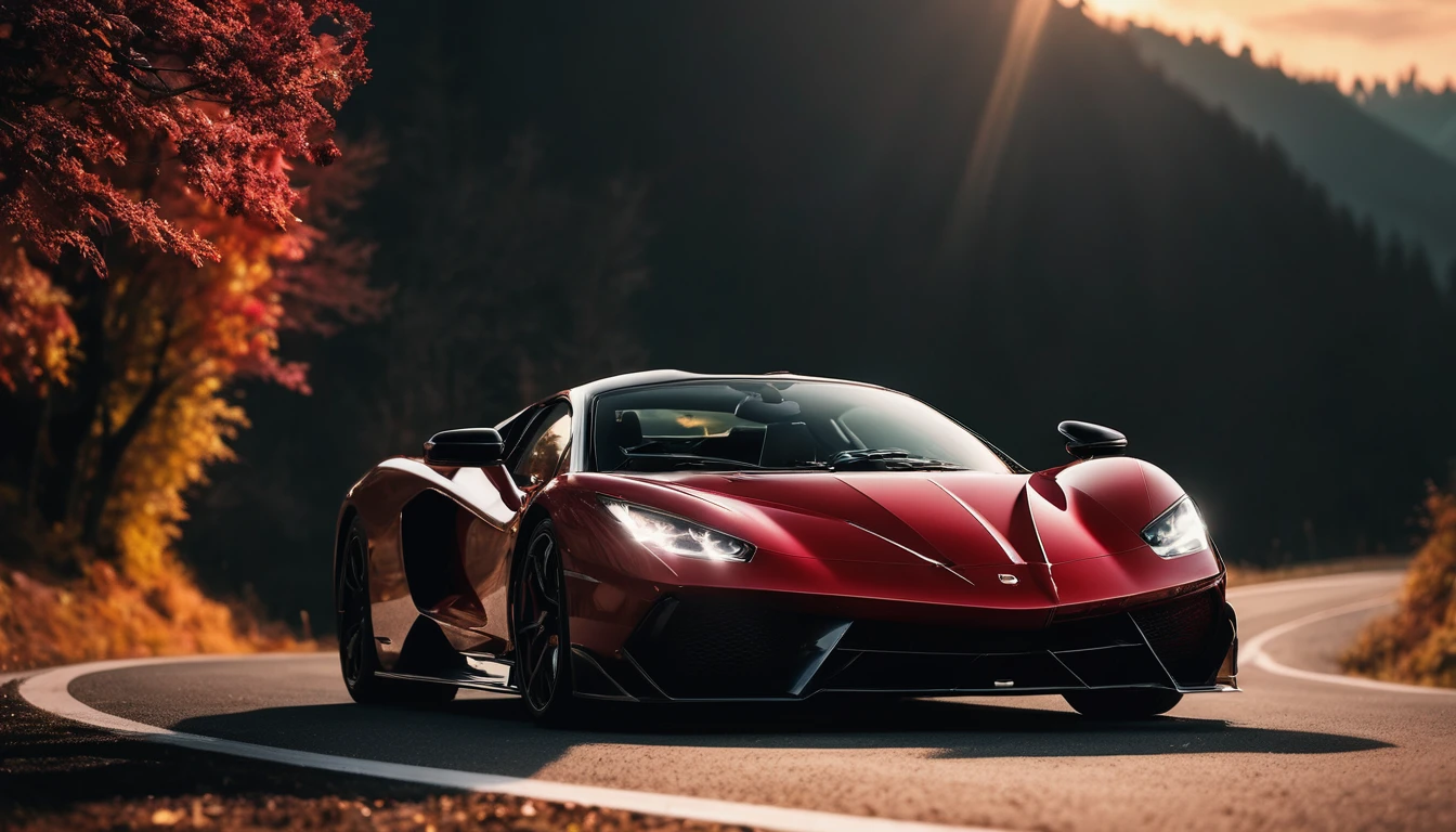 Sports car photos,A red sports car is on the right side of the screen,amazing,Drive on the highway,Car side,Showing speed and passion,Red photos,detail强化,blur background/Bokeh,Bright with natural light,Ray Tracing,Sunset sky,forest,Hill in the distance,Highly detailed environments,Low depth of field,HD,detail,8K,lens flare,Sunlight,