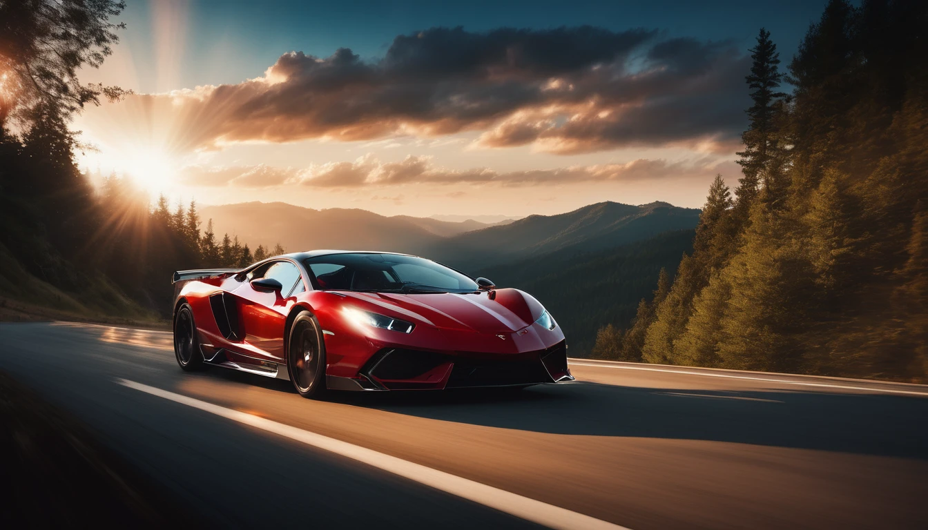 Sports car photos,A red sports car is on the right side of the screen,amazing,Drive on the highway,Car side,Showing speed and passion,Red photos,detail强化,blur background/Bokeh,Bright with natural light,Ray Tracing,Sunset sky,forest,Hill in the distance,Highly detailed environments,Low depth of field,HD,detail,8K,lens flare,Sunlight,