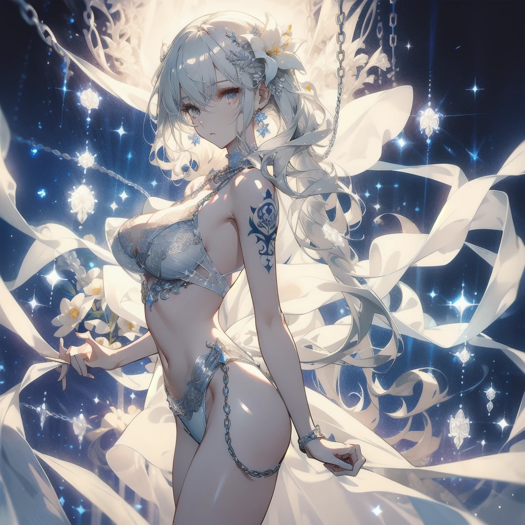 ((masterpiece, best quality)), Delicate face，knight，Standing picture，whole body，Perfect body proportions，Long legs，Long wavy hair，Beautiful silver eyes，Fantasy style，White background，Extremely beautiful，transparent，Pure white flower marriage，Sexy bikini，chain，Tattoo，Lace，exposed