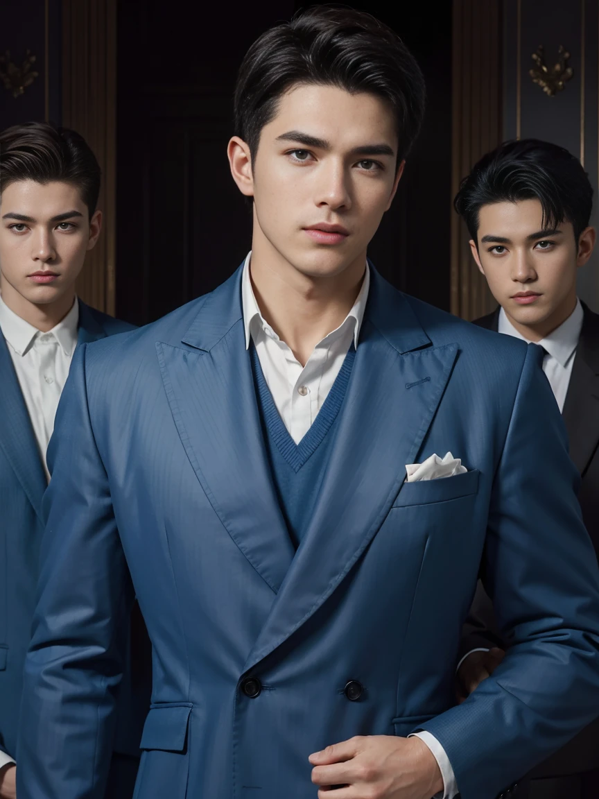 ((masterpiece)),((best quality)),8K,high detail,Very detailed, Very manly,3 men, like,fashion pose, Realistic skin texture, Light,
Royal blue style couple,Perfect hand details