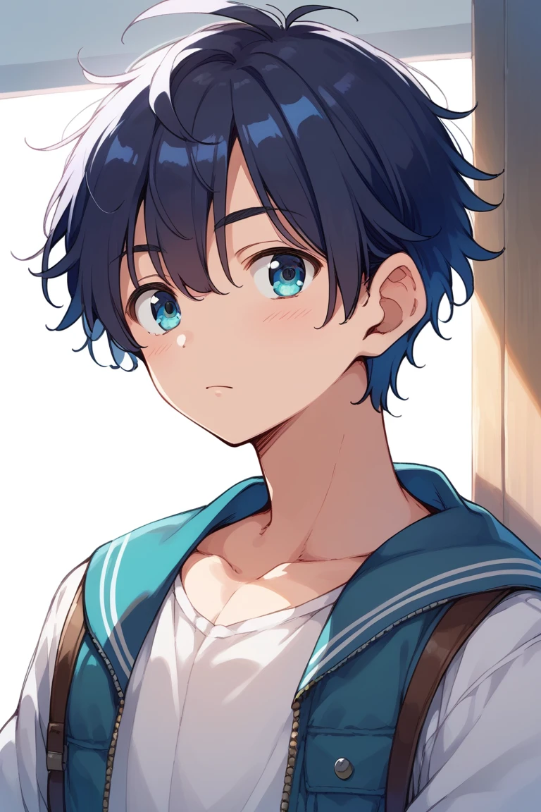 (score_9,score_8_up,score_7_up,score_6_up,score_5_up,score_4_up, source_anime), 8k, best quality, best lighting, BREAK, 1man, 18 yo, thin eyebrows, (tareme: 1.5), droppy eyes, toned, portrait, (forehead: 0.5), navy hair, blue eyes