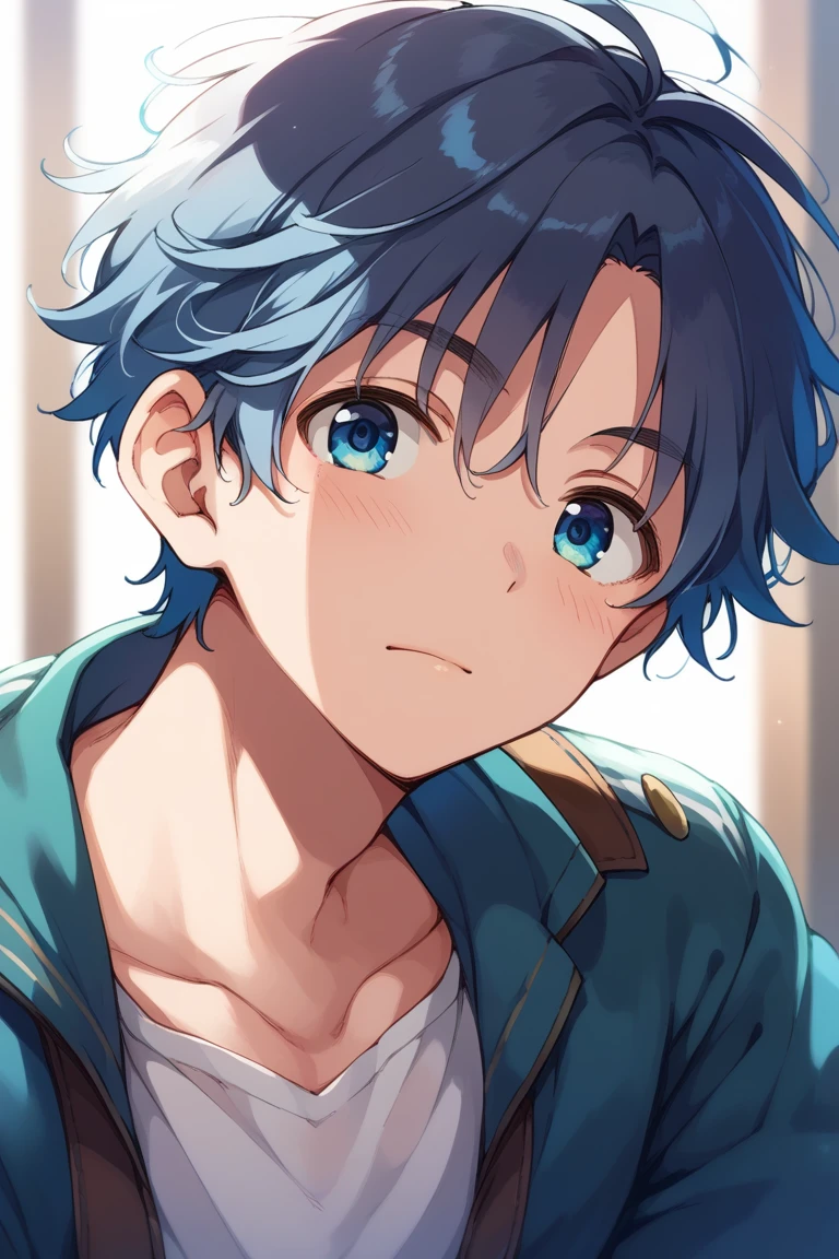 (score_9,score_8_up,score_7_up,score_6_up,score_5_up,score_4_up, source_anime), 8k, best quality, best lighting, BREAK, 1man, 18 yo, thin eyebrows, (tareme: 1.5), droppy eyes, toned, portrait, (forehead: 0.5), navy hair, blue eyes