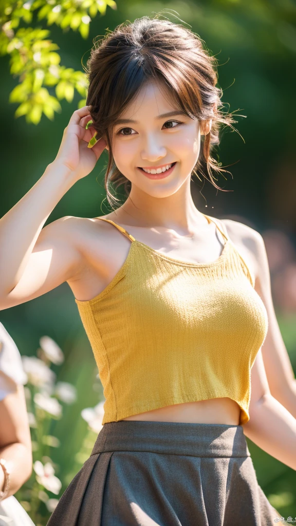 masterpiece、Highest quality、Official Art、Highly Detailed CG Wallpaper in Unity 8K、Tank top、armpit、Like a 、Very delicate and beautiful、Ultra-high resolution、（Photorealistic：1.4）、Golden Hour Lighting、（Upper body）、（Puffy eyes）、Looking at the audience、Facing forward、Detailed face、mini skirt、Walking、smile