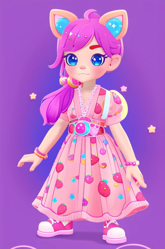 1 girl, tiny, toddler, pink hair, purple star hairclip, orange fox ears, light skin, blue eyes, sparkle in eyes, purple pacifier, wearing strawberry pattern dress, blue marry jane shoes, colorful bead bracelets, holding a stuffed fox, 