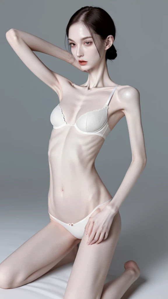 a woman, very thin body, body visible bones, very slender , sweaty weat body, pale white skin, panties, bra,tatto, full body