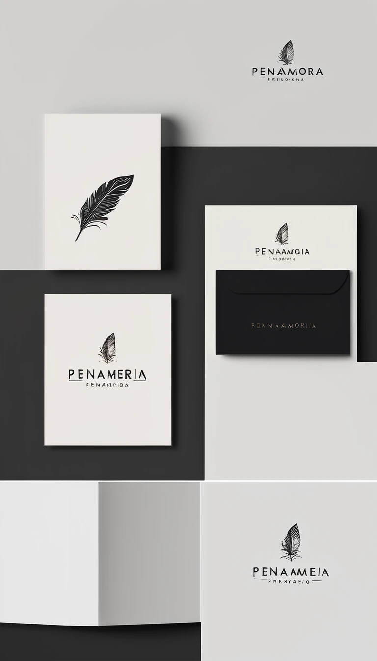 A minimal, modern, simple, cinematic logo design for the brand “Penamemoria". Create a modern, minimalistic, high-quality, logo of a simple, fantastic, hipnotic, dreamy, artistic feather that symbolizes dreams, stories and memories