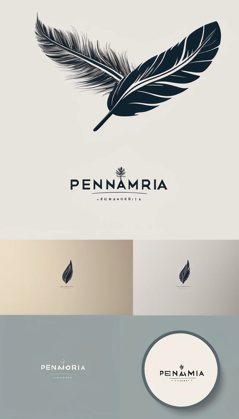 A minimal, modern, simple, cinematic logo design for the brand “Penamemoria". Create a modern, minimalistic, high-quality, logo of a simple, fantastic, hipnotic, dreamy, artistic feather that symbolizes dreams, stories and memories