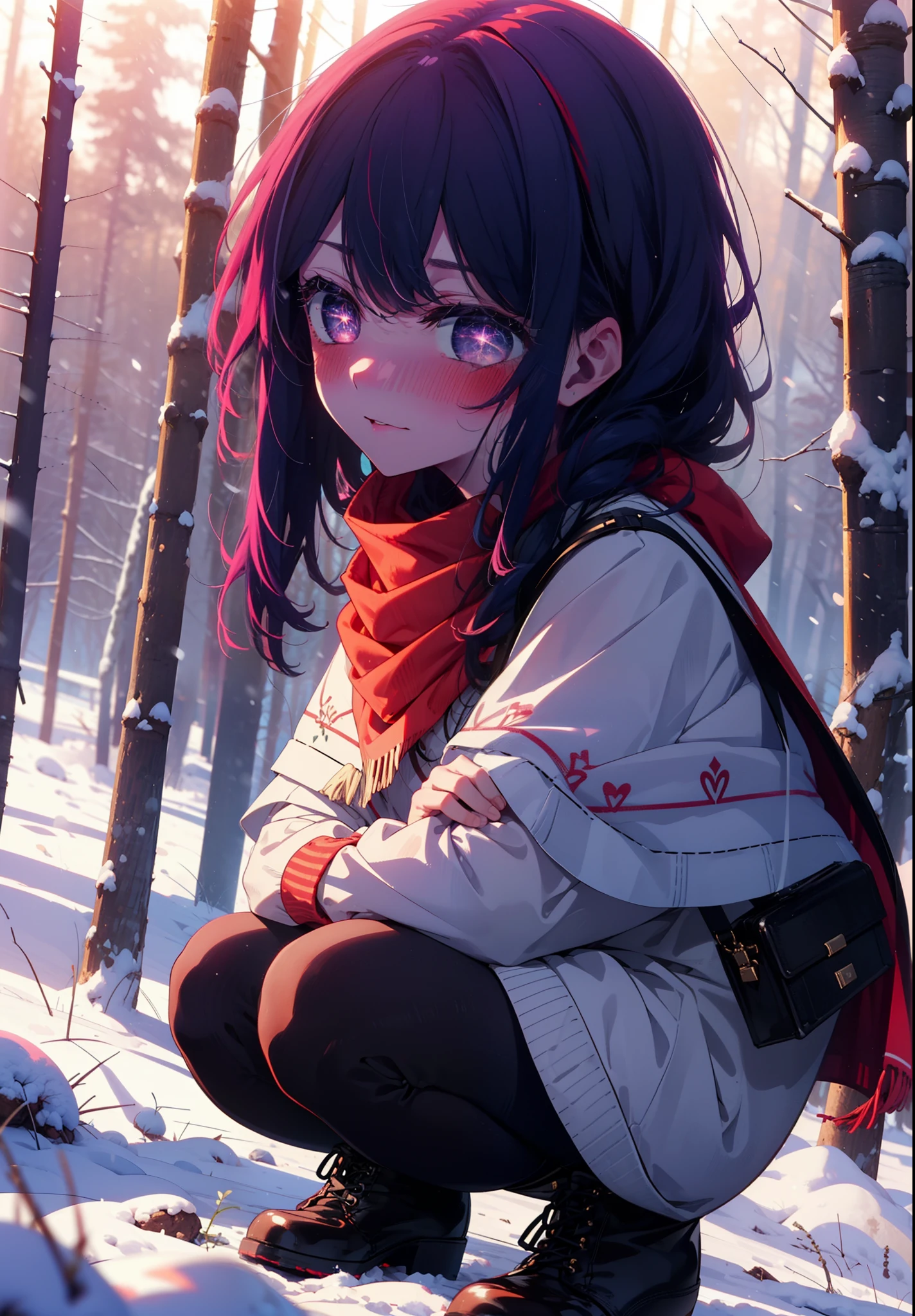 aihoshino, Ai Hoshino, Long Hair, bangs, (Purple eyes:1.1), Purple Hair, (Symbol-shaped pupil:1.5), smile,,smile,blush,White Breath,
Open your mouth,snow,Ground bonfire, Outdoor, boots, snowing, From the side, wood, suitcase, Cape, Blurred, , forest, White handbag, nature, Squat, Mouth closed, Cape, winter, Written boundary depth, Black shoes, red Cape break looking at viewer, Upper Body, whole body, break Outdoor, forest, nature, break (masterpiece:1.2), Highest quality, High resolution, unity 8k wallpaper, (shape:0.8), (Beautiful and beautiful eyes:1.6), Highly detailed face, Perfect lighting, Extremely detailed CG, (Perfect hands, Perfect Anatomy),