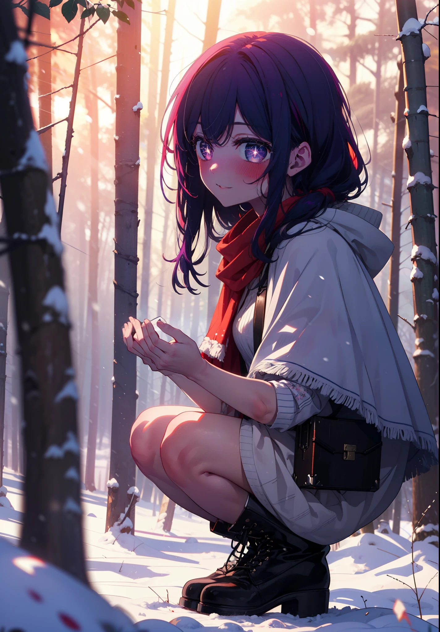 aihoshino, Ai Hoshino, Long Hair, bangs, (Purple eyes:1.1), Purple Hair, (Symbol-shaped pupil:1.5), smile,,smile,blush,White Breath,
Open your mouth,snow,Ground bonfire, Outdoor, boots, snowing, From the side, wood, suitcase, Cape, Blurred, , forest, White handbag, nature,  Squat, Mouth closed, Cape, winter, Written boundary depth, Black shoes, red Cape break looking at viewer, Upper Body, whole body, break Outdoor, forest, nature, break (masterpiece:1.2), Highest quality, High resolution, unity 8k wallpaper, (shape:0.8), (Beautiful and beautiful eyes:1.6), Highly detailed face, Perfect lighting, Extremely detailed CG, (Perfect hands, Perfect Anatomy),