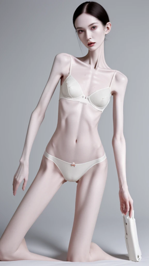 a woman, very thin body, body visible bones, very slender , sweaty weat body, pale white skin, panties, bra,tatto, full body