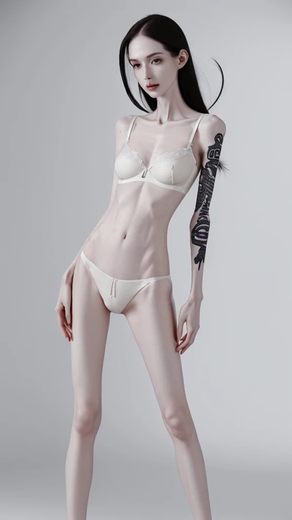 a woman, very thin body, body visible bones, very slender , sweaty weat body, pale white skin, panties, bra,tatto, full body