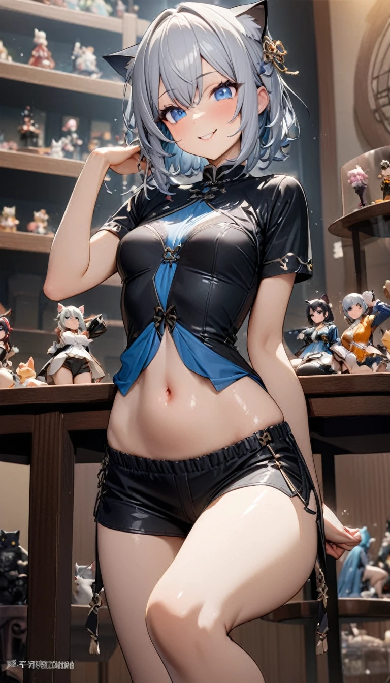 Cat ear:2.0、((masterpiece)),((Highest quality)),(Super detailed),(figure),((Very delicate and beautiful)), 1girl、((smile、Sparkling Blue Eyes、Cat ear:2.0、Silver Bob Hair:2.5))、I can see your belly、Chinese style short sleeve,Don't go up and down、Chinese style shorts、Alluring expression,An inviting body、Hot flashes、Small breasts,Sidetiletto heels、Show me the stuffed panda