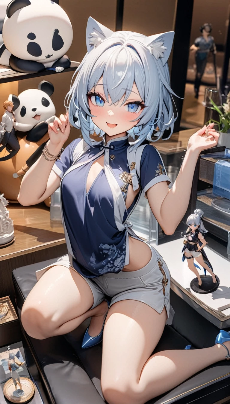 Cat ear：2.0、((masterpiece)),((Highest quality)),(Super detailed),(figure),((Very delicate and beautiful)), 1girl、((smile、Sparkling Blue Eyes、Cat ear：2.0、Silver Bob Hair：2.5))､I can see your belly、Chinese style short sleeve，Don't go up and down、Chinese style shorts、Alluring expression，An inviting body、Hot flashes、Small breasts，Sidetiletto heels、Holding a tray with a panda on it、Walking around the store、Colorful、Inside a Chinese restaurant、