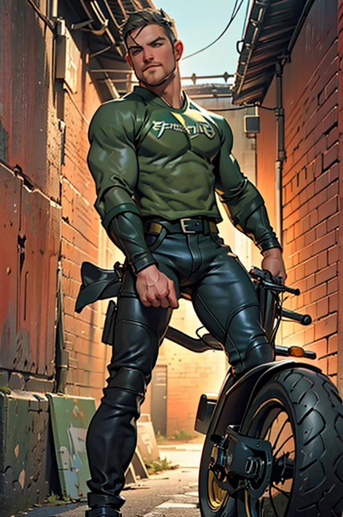 32k, high quality , detailed face , detailed hands , detailed muscles detailed motorcycle , (((stephen amell))) standing near his (((motorcycle 1.2))), posing in a street ,standing with spread legs, showing his muscles, shirtless wearing a very very low dark green pants with brown belt, background brick wall with men health posters