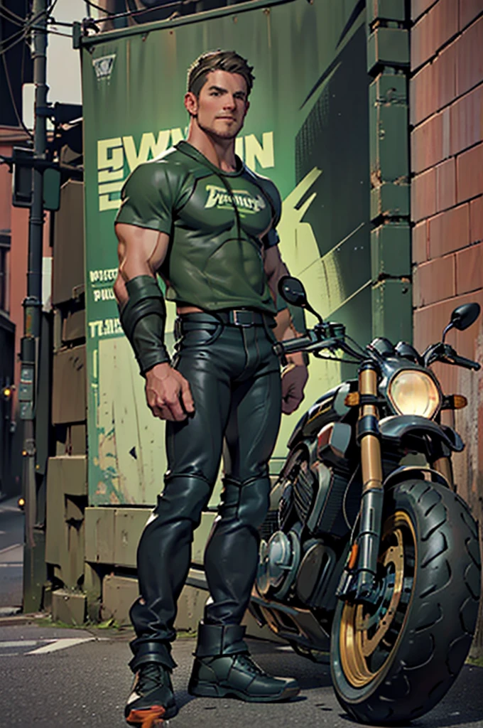 32k, high quality , detailed face , detailed hands , detailed muscles detailed motorcycle , (((stephen amell))) standing near his (((motorcycle 1.2))), posing in a street ,standing with spread legs, showing his muscles, shirtless wearing a very very low dark green pants with brown belt, background brick wall with men health posters