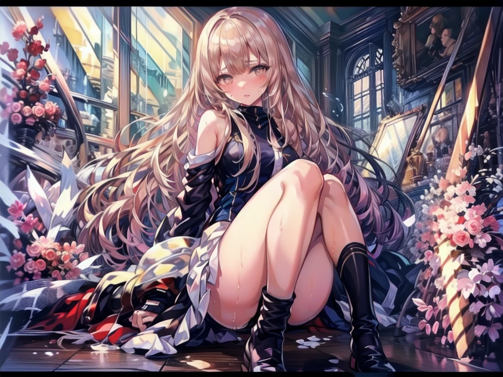 1 girl, high school girl, The whole body is covered in oilで光沢感がある Tissue paper cut into small pieces, A small crumpled roll of tissue paper, A small piece of tissue paper that had fallen to the ground, torn apart and crumpled, Excessive sweating on the face,Sweat dripping down,Sitting on an old bed, Duvet with a light yellow stain Old gym mat ,Gymnasium Warehouse, There are lots of small rolled up tissue papers on the floor. , Crumpled garbage is scattered everywhere., Very old gym mat, Messy room, Dimly lit room Hardwood Floors Scattered small rolled tissue papers Upper body sailor suit, Lower body swimsuit Inner swimwear Illustration Style Anime Style Small lips Face of Shame Embarrassing beautiful girl Very cute clothes Cheeks pink Light purple hair Blonde long hair super curly hair Super long sideburns Rubber clothing hair band Pearl white silk tights that become transparent when wet White super long boots Big eyes Hanging eyes Angry Blushing Shocking Pink Rouge Sweating profusely A small roll of tissue paper The whole body is wet from rain Mucus clings to the whole body Steam coming out of the whole body Steam rises across the screen. White Breath Haa The whole body is covered in oil evening Overall orange background Sunset sunshine