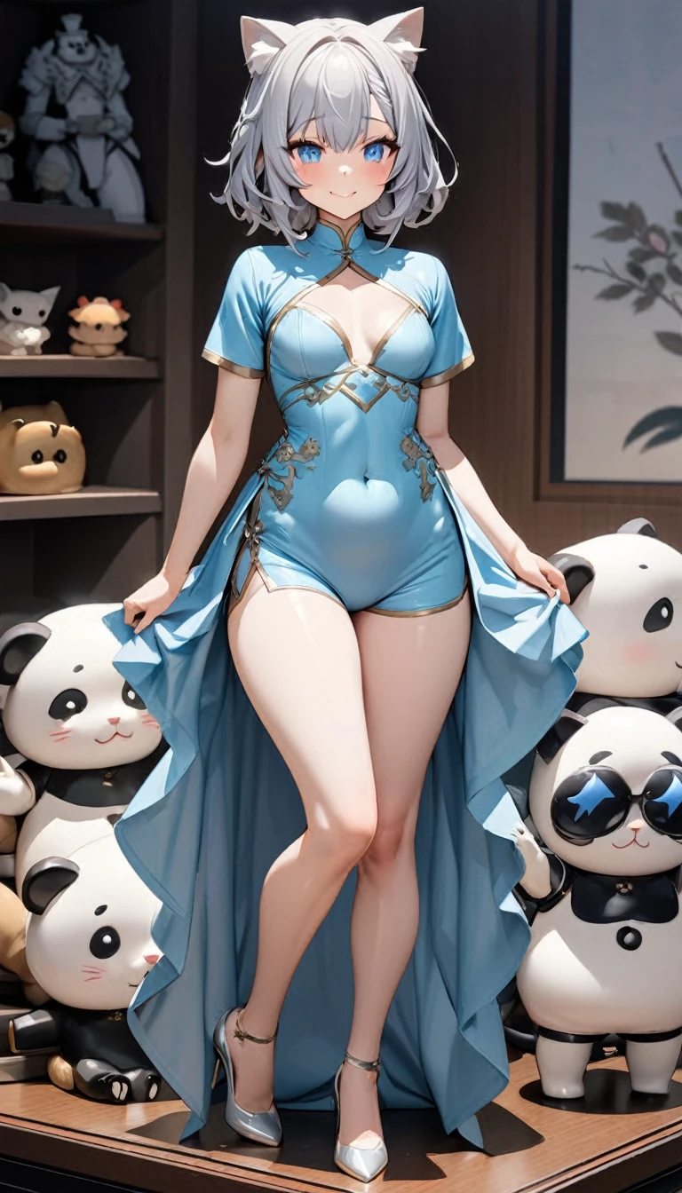Cat ear:2.0、((masterpiece)),((Highest quality)),(Super detailed),(figure),((Very delicate and beautiful)), 1girl、((smile、Sparkling Blue Eyes、Cat ear:2.0、Silver Bob Hair:2.5))、I can see your belly、Chinese style short sleeve,Don't go up and down、Chinese style shorts、Alluring expression,An inviting body、Hot flashes、Small breasts,Sidetiletto heels、Show me the stuffed panda