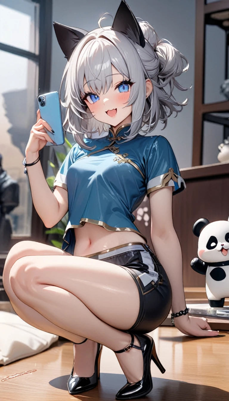 Cat ear:2.0、((masterpiece)),((Highest quality)),(Super detailed),(figure),((Very delicate and beautiful)), 1girl、((smile、Sparkling Blue Eyes、Cat ear:2.0、Silver Bob Hair:2.5))、I can see your belly、Chinese style short sleeve,Don't go up and down、Chinese style shorts、Alluring expression,An inviting body、Hot flashes、Small breasts,Sidetiletto heels、Show me the stuffed panda