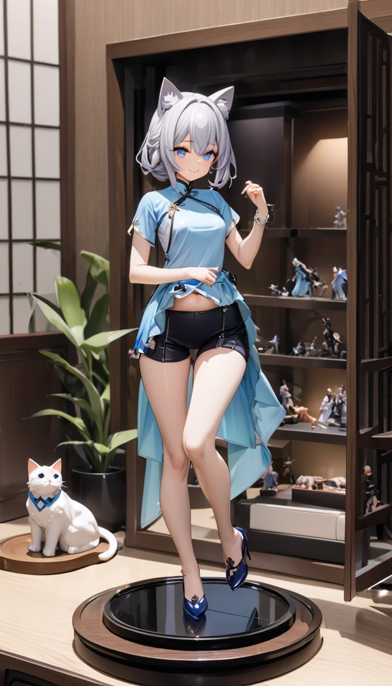 Cat ear:2.0、((masterpiece)),((Highest quality)),(Super detailed),(figure),((Very delicate and beautiful)), 1girl、((smile、Sparkling Blue Eyes、Cat ear:2.0、Silver Bob Hair:2.5))、I can see your belly、Chinese style short sleeve,Don't go up and down、Chinese style shorts、Alluring expression,An inviting body、Hot flashes、Small breasts,Sidetiletto heels、Show me the stuffed panda