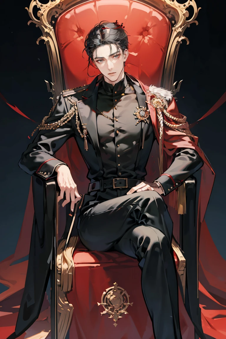 anime - (masterpiece), best quality, seductive eyes, mature face, black eyes, mid length slicked back black haircut, plain black polo, red coat, black pants, tall man, long legs, masculine, massive body, adult-like, full body, bad boy, he's sitting on a red throne with a crown on the handle of the throne 
