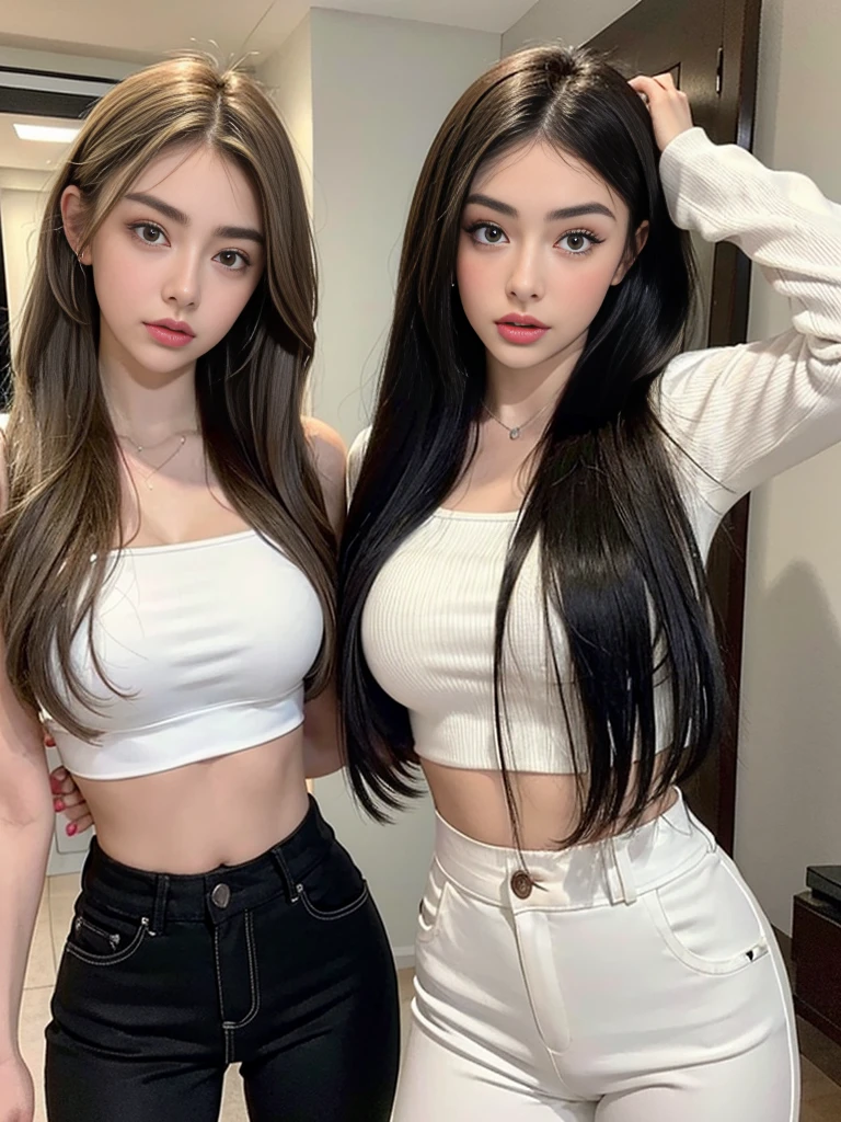 a beautiful girl in a white top and black pants posing for a picture, portrait sophie mudd, madison beer, physical : tinyest midriff ever, :: madison beer, fit pic, tinyest midriff ever, charli bowater, charli xcx, bella poarch, attractive body, with abs, olivia culpo, 1girl,